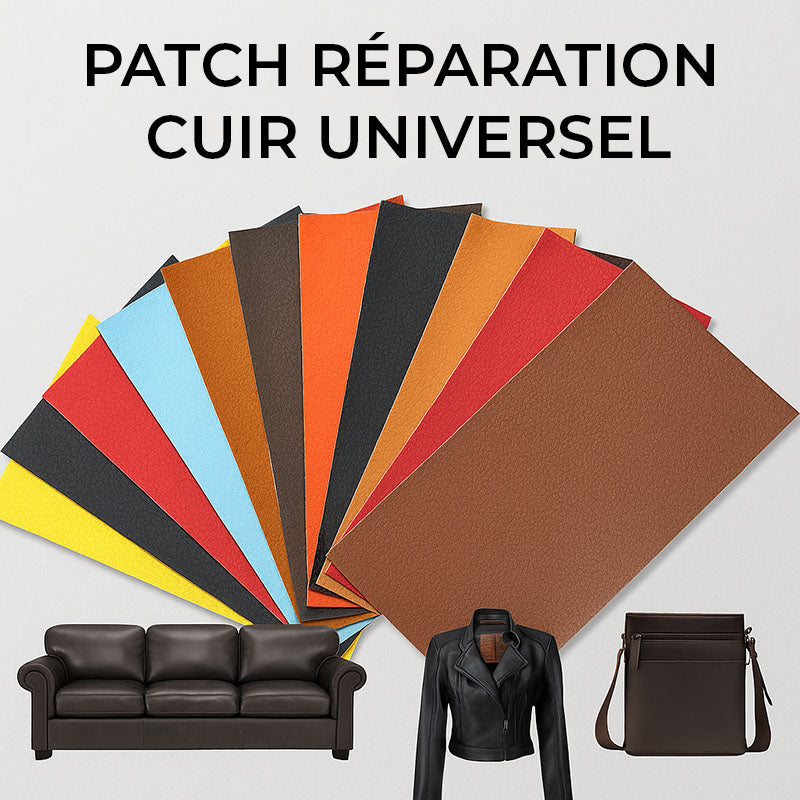 Selbstklebender Reparatur-Patch für Leder und Kunstleder: die Farben, mit einem Sofa, einer Jacke und einer Tasche aus Leder