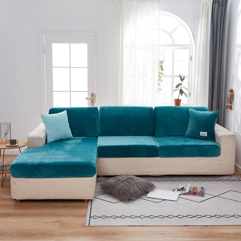 Bezug aus Samt für Sitz- und Rückenkissen, Pfauenblau, auf den Sitz- und Rückenkissen eines Sofas