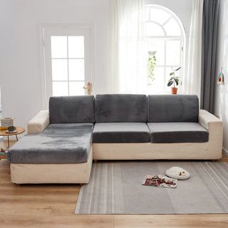 Bezug aus Samt für Sitz- und Rückenkissen, Schiefergrau, auf den Sitz- und Rückenkissen eines Sofas
