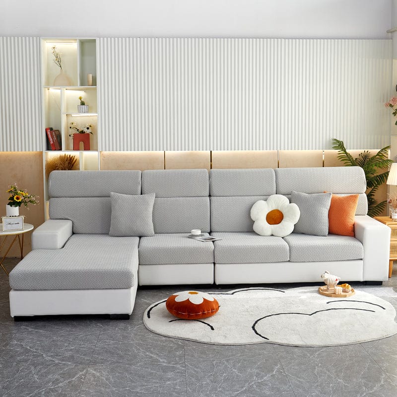 Bezug aus Fleece für Sitz- und Rückenkissen, Hellgrau Flechtmuster, auf den Sitz- und Rückenkissen eines Sofas