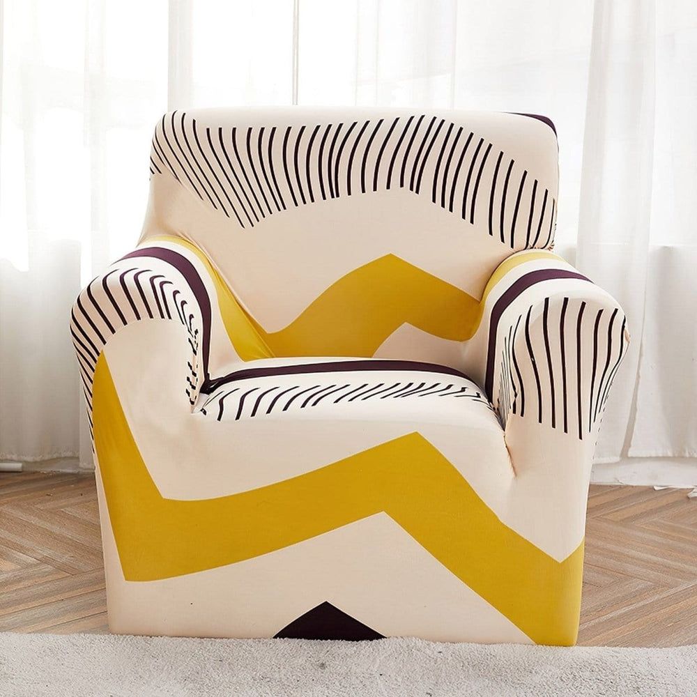 Stretch-Sesselbezug Ecru mit gelbem Chevron