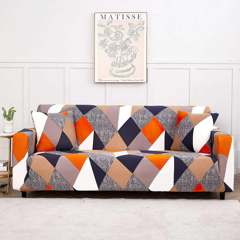 Stretch-Sofabezug Patchwork Orange und Marine