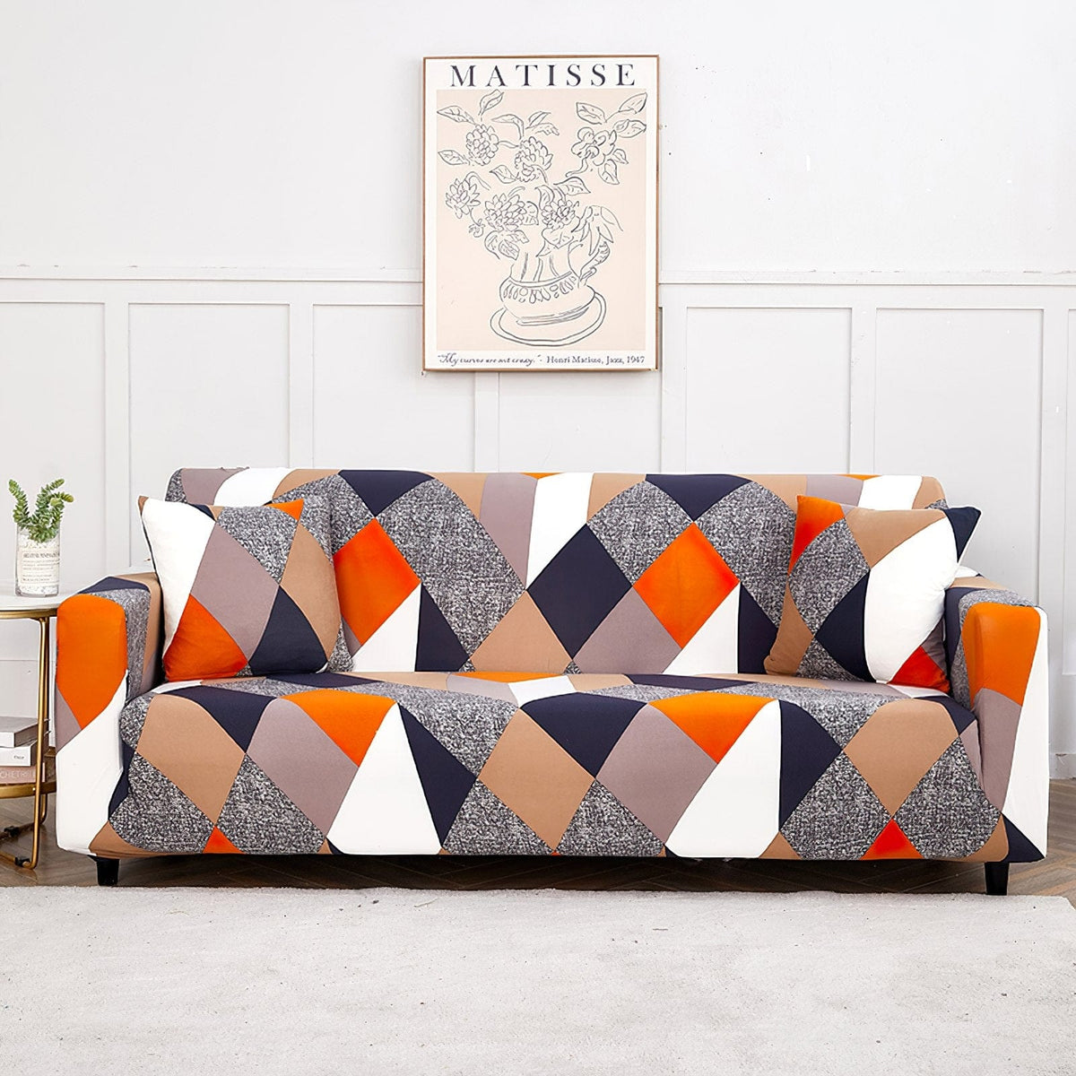 Stretch-Sofabezug Patchwork Orange und Marine