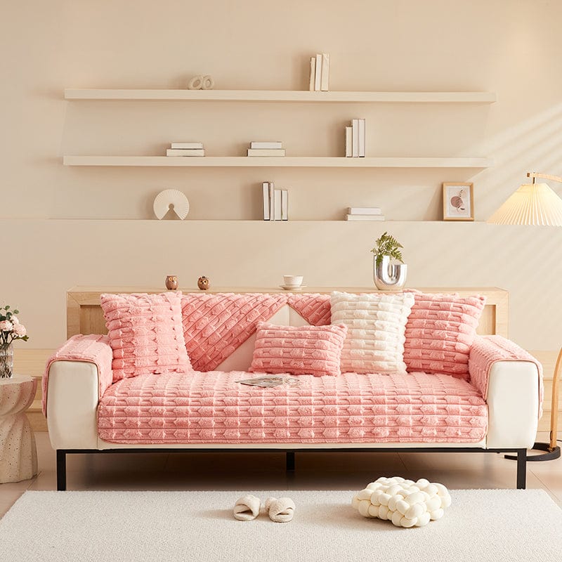 EasyCover-Sofabezug aus dickem Kunstfell, Rosa Pflasterstein, auf einem Sofa