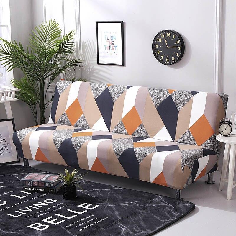 Stretch-Bezug für Klick-Klack-Sofa, Patchwork Orange und Marine, auf einem Klick-Klack-Sofa