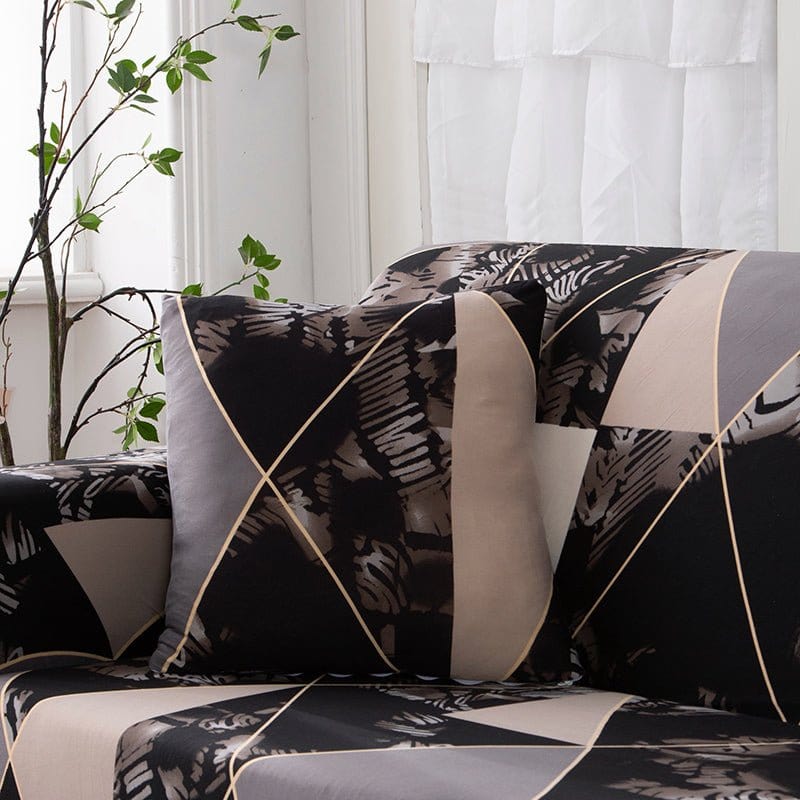Wasserabweisende Kissenbezüge 45 × 45 cm — 2er-Set, Dreiecke Mauve und Gold, auf einem Sofa