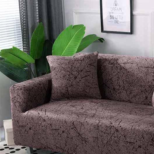 Stretch-Kissenbezüge 45 × 45 cm — 2er-Set, Taupe Ästchen, auf einem Sofa