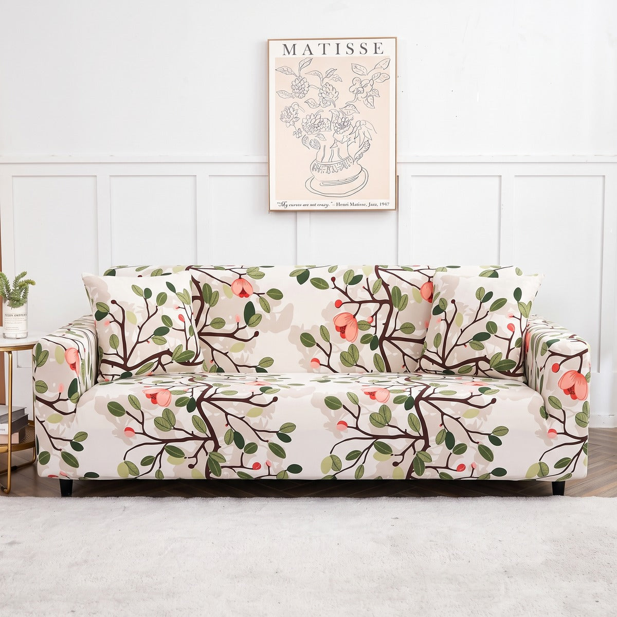 Stretch-Sofabezug Ecru mit rosa Blumenmuster