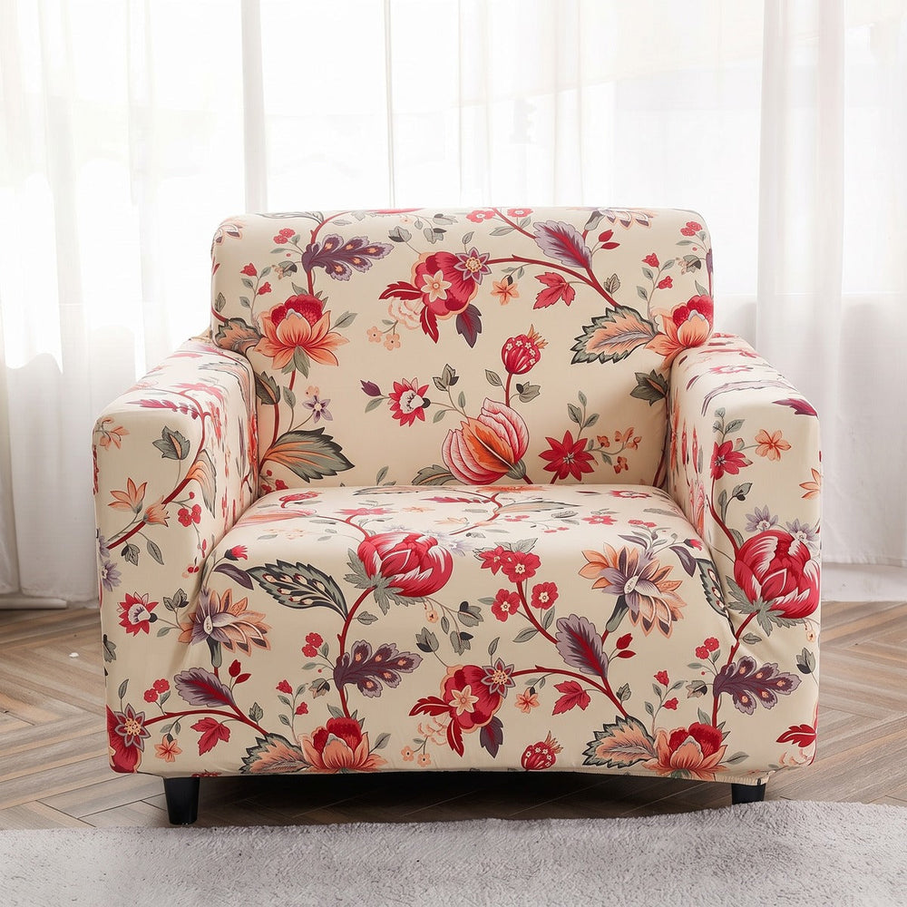 Stretch-Sesselbezug Ecru mit rotem Blumenmuster