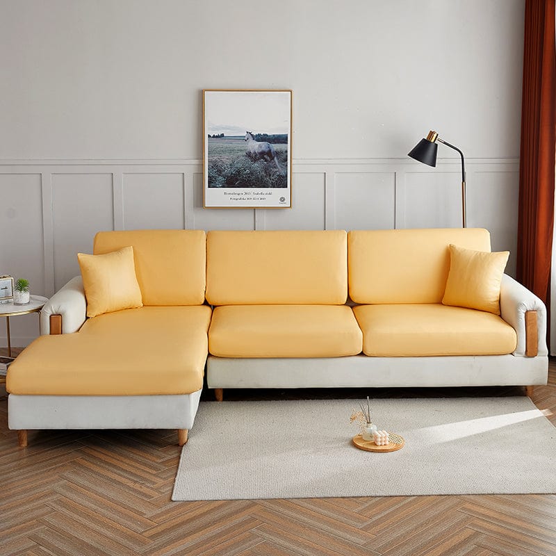Bezug aus Kunstleder für Sitz- und Rückenkissen, Goldgelb, auf den Sitz- und Rückenkissen eines Sofas