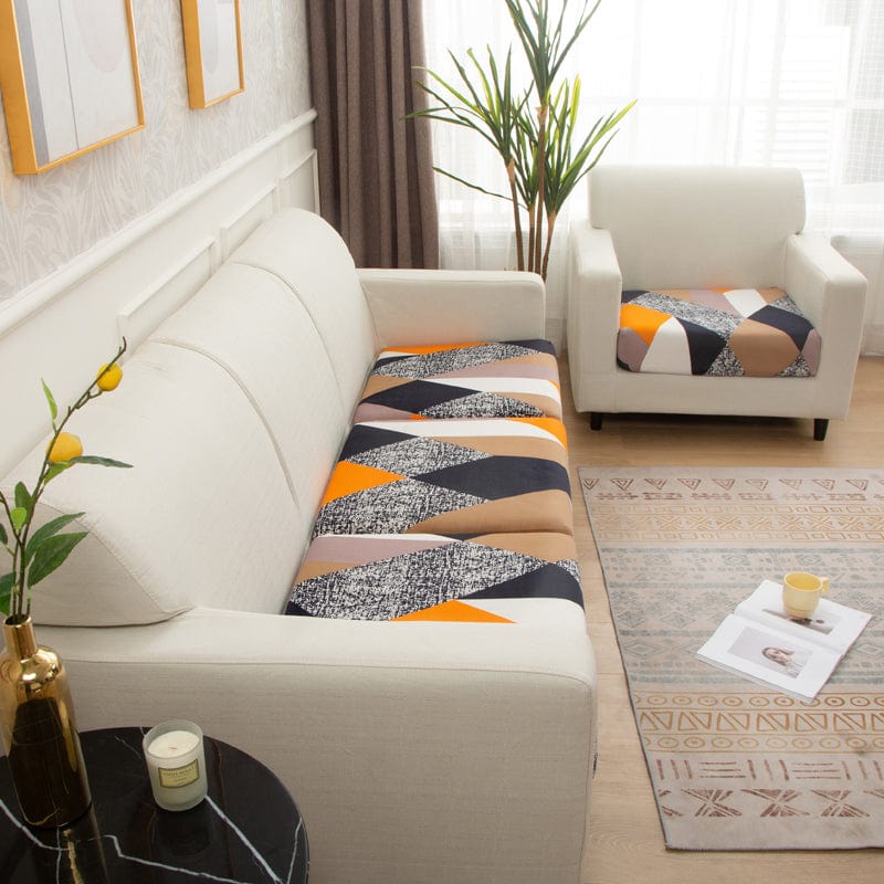 Stretch-Bezug für Sitz- und Rückenkissen, Patchwork Orange und Marine, auf den Sitz- und Rückenkissen eines Sofas